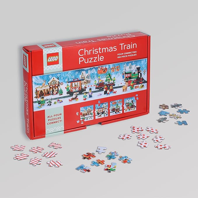 Lego Christmas Train Puzzle: Four Connecting 100-Piece Puzzles