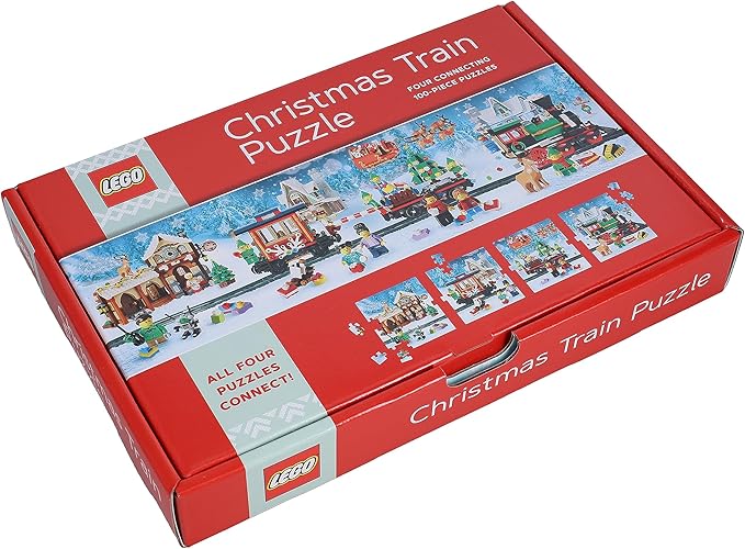 Lego Christmas Train Puzzle: Four Connecting 100-Piece Puzzles