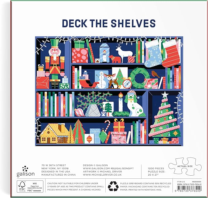 Deck The Shelves – 1000 Piece Puzzle Fun and Challenging Activity with Bright and Bold Artwork of A Christmas Holiday Shelf for Adults and Families
