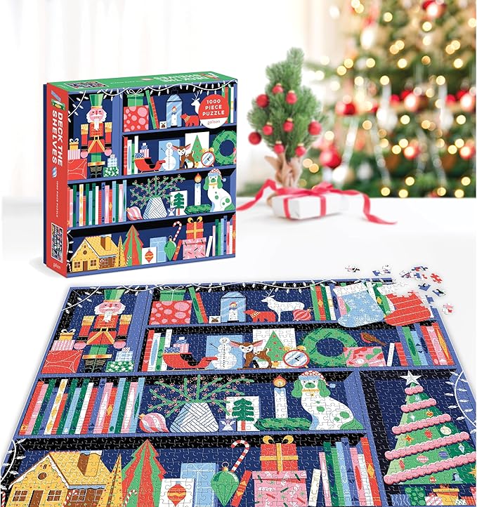 Deck The Shelves – 1000 Piece Puzzle Fun and Challenging Activity with Bright and Bold Artwork of A Christmas Holiday Shelf for Adults and Families