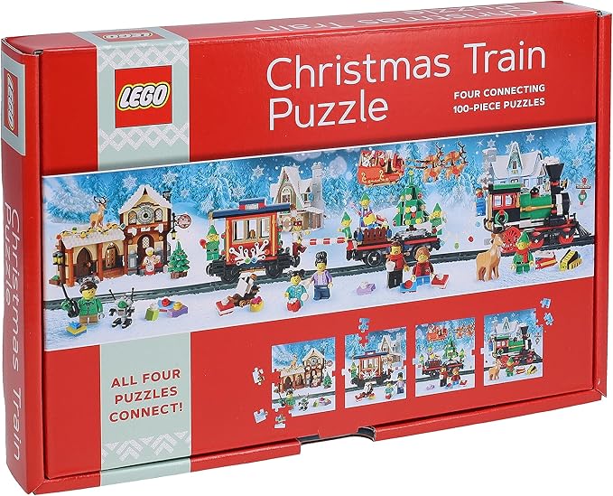 Lego Christmas Train Puzzle: Four Connecting 100-Piece Puzzles