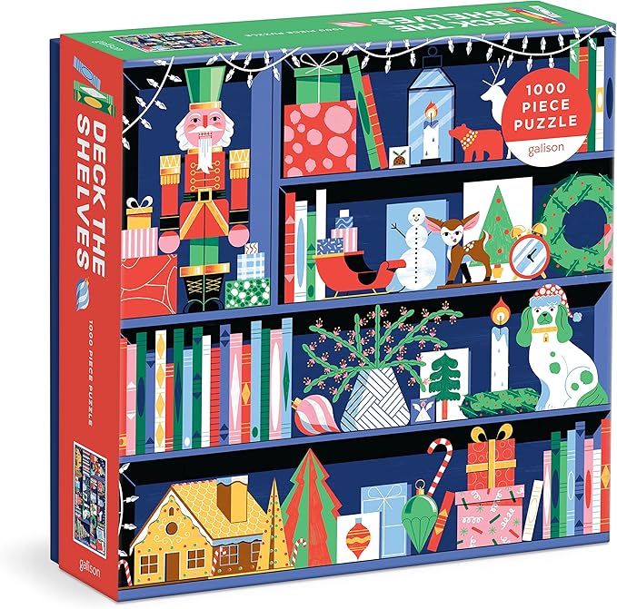 Deck The Shelves – 1000 Piece Puzzle Fun and Challenging Activity with Bright and Bold Artwork of A Christmas Holiday Shelf for Adults and Families